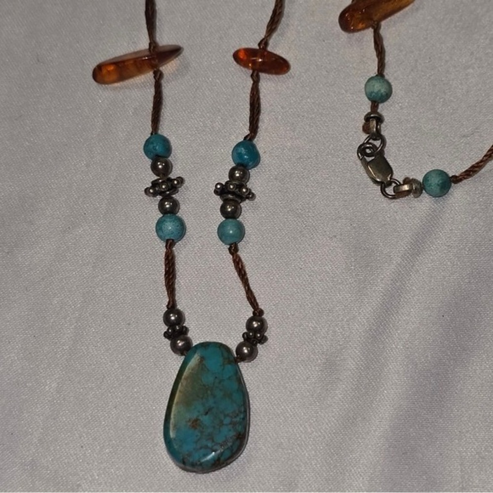 Treska Turquoise Orange Gemstone Beaded Necklace Copper Tone Boho Jewelry - Picture 4 of 7